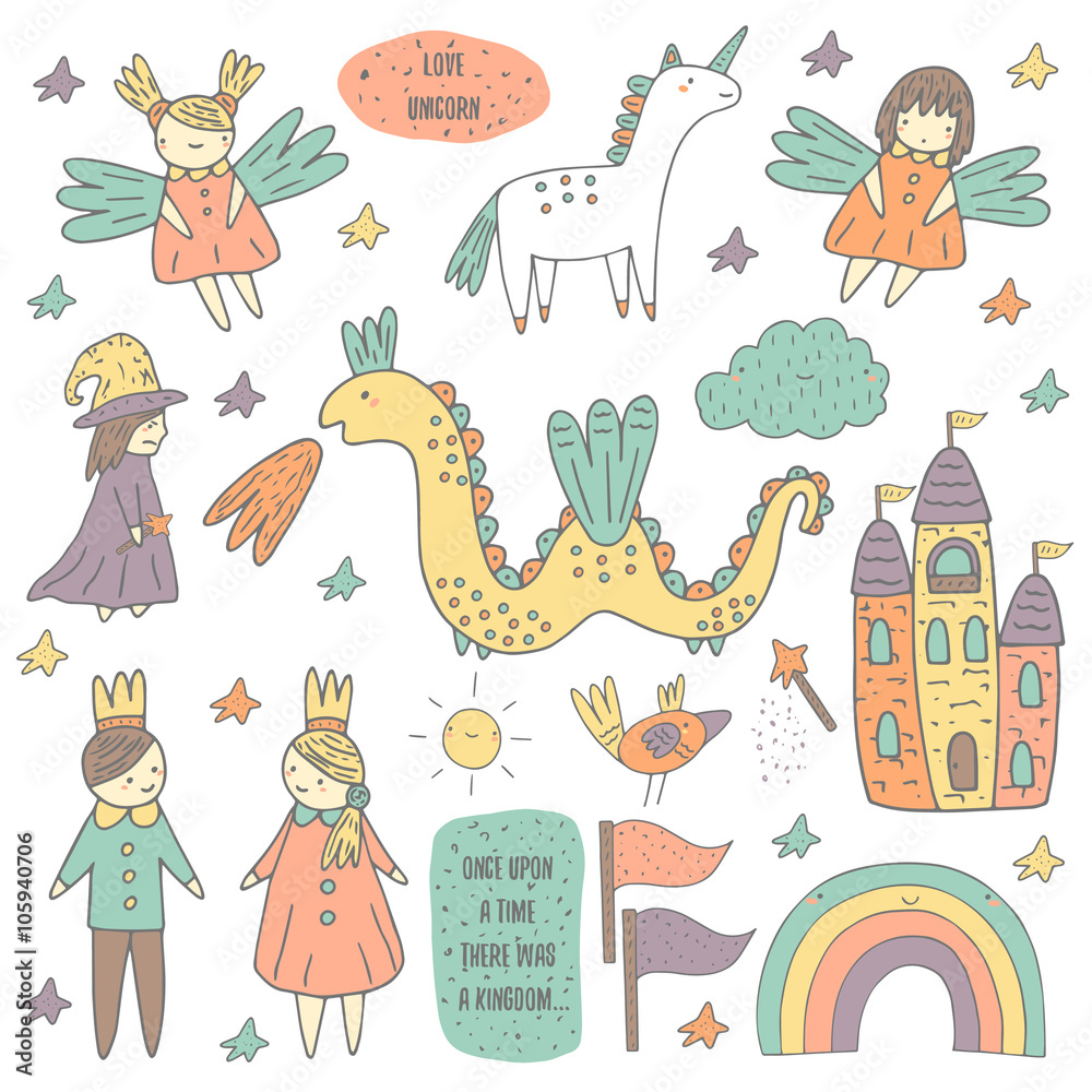 Cute hand drawn doodle fairy tale objects collection 
