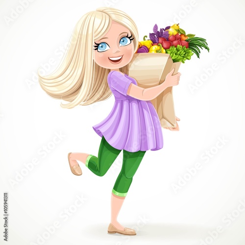Beautiful pregnant woman runs or goes quickly with a package of