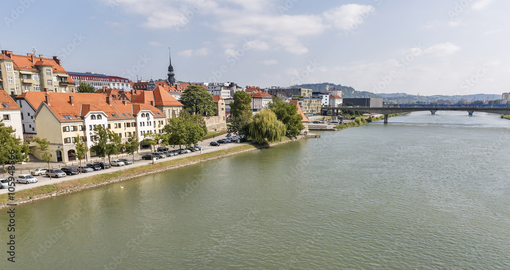 Maribor city and Drava river in Slovenia.