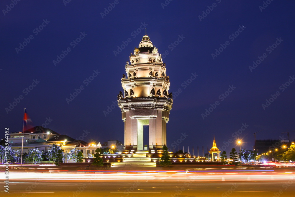 Independence Monument in the night time which is the one of landmark in Phnom Penh, Cambodia.