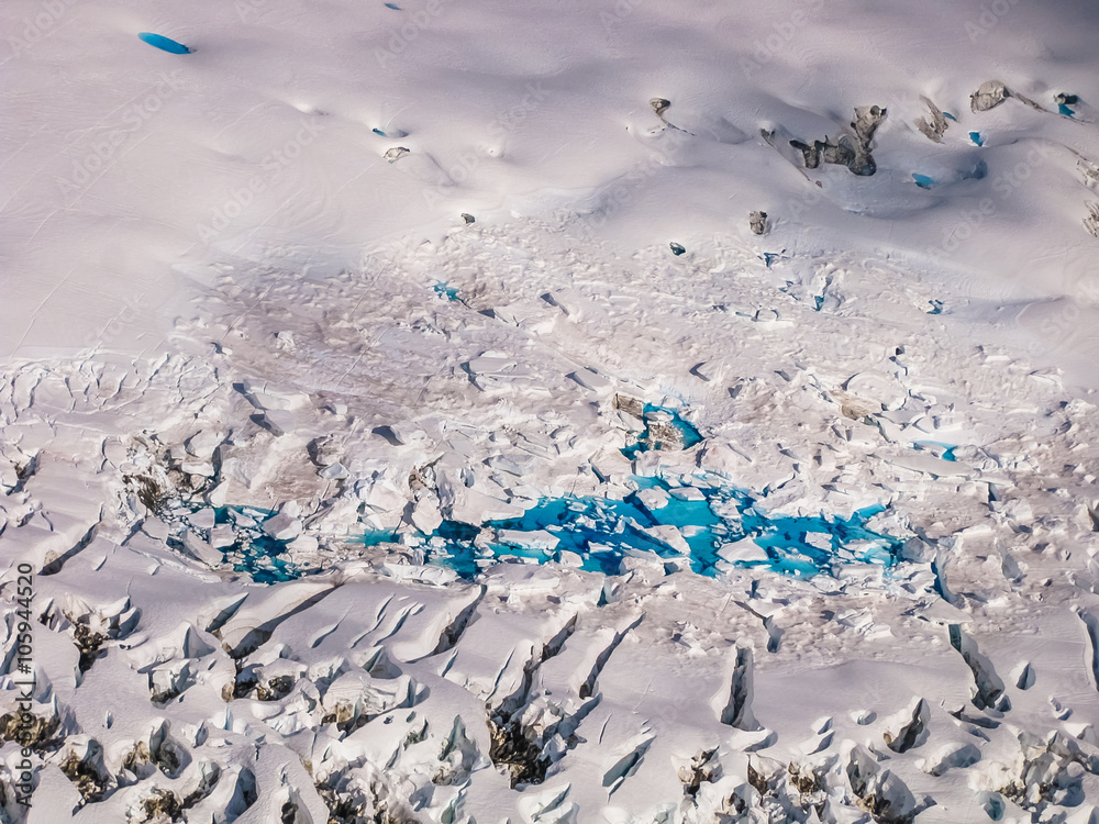 Fototapeta premium Aerial view of a glacier in the landscape of Wrangell -St. Elias National Park, Alaska, U.S. .