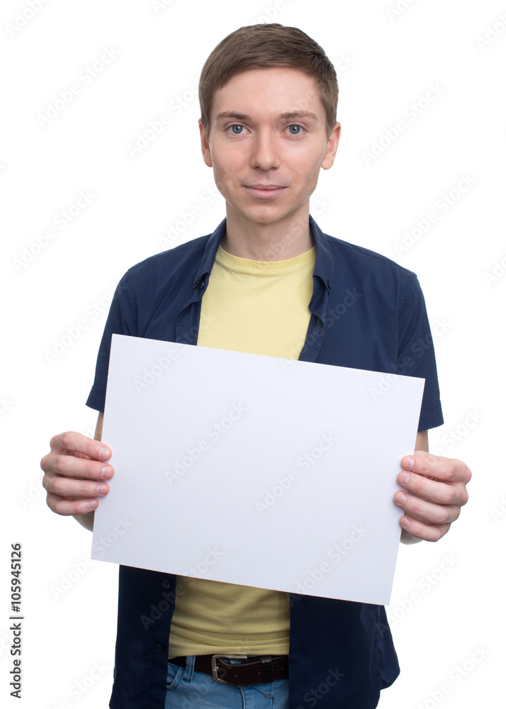 handsome man with blank banner handsome man with blank banner