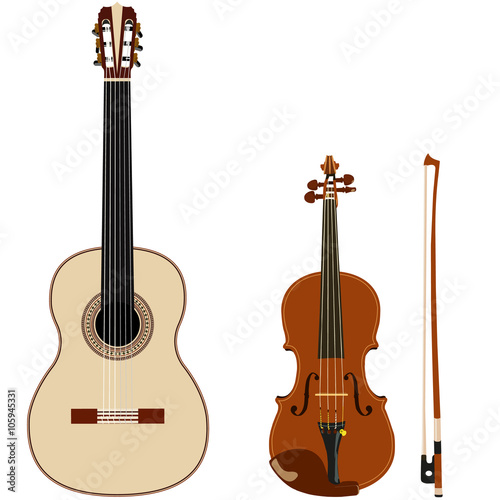 guitar and violin on a white background