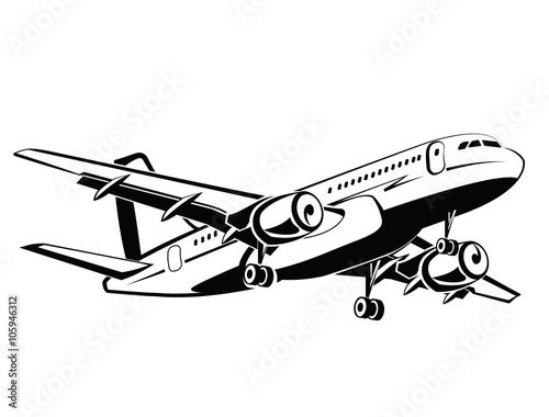 Fototapeta Naklejka Na Ścianę i Meble -  Plane is landing and take-off, the gear. Travel and transportation. Plane icon in monochrome style. Airlines. Airplane flying in the sky. Airplanes silhouettes high detailed, business travel