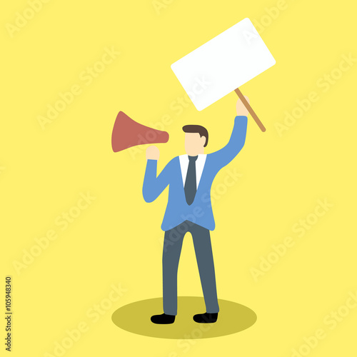 angry employees on protest holding megaphone and blank placard. Cartoon vector illustration concept for social issues
