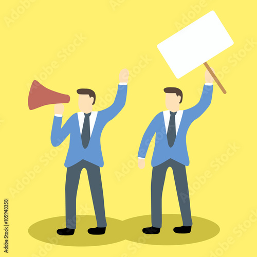 businessmen are protesting with megaphone and blank placard holding. Cartoon vector illustration concept for social issues