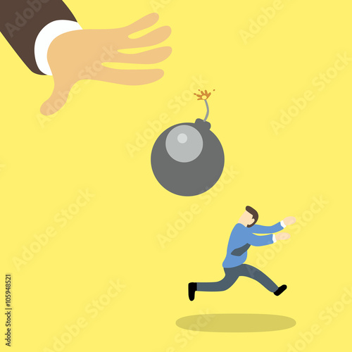 Vector illustration of a frightened businessman running away from a ignited giant bomb which throw to him by giant businessman's hand