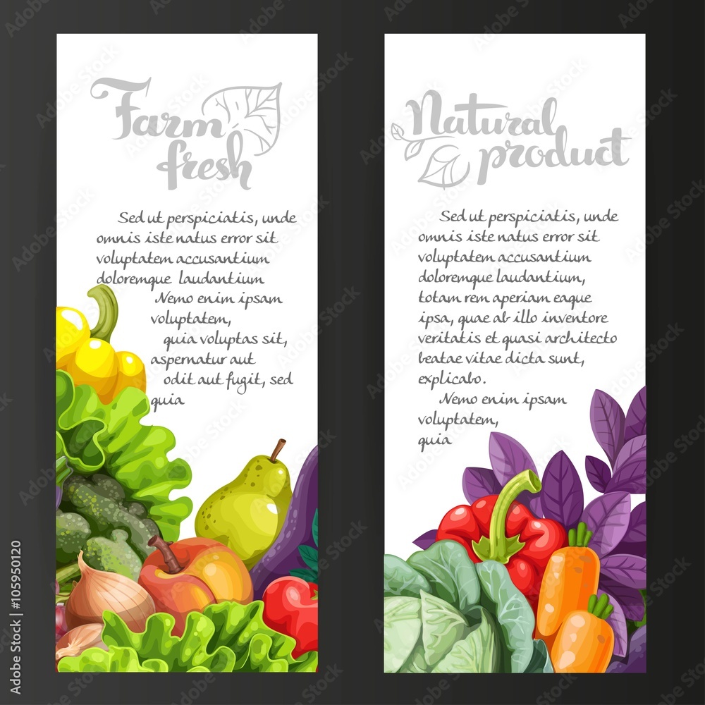 Two vertical banners with fresh fruits and vegetables on a black