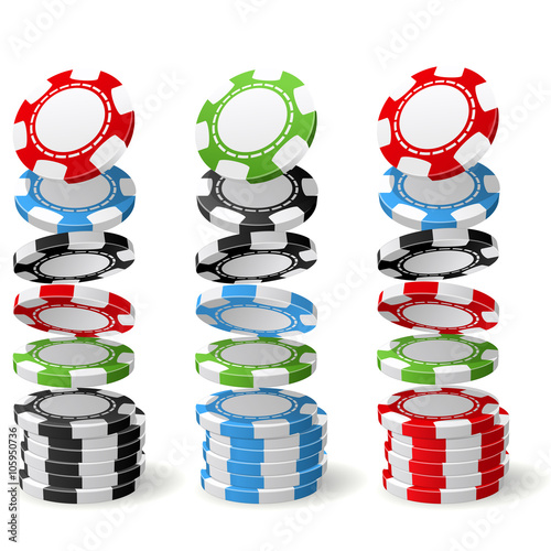 Gambling (casino) chips falling to stacks - poker chips