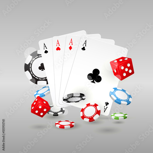 Gambling and casino symbols - poker chips, playing cards and dic
