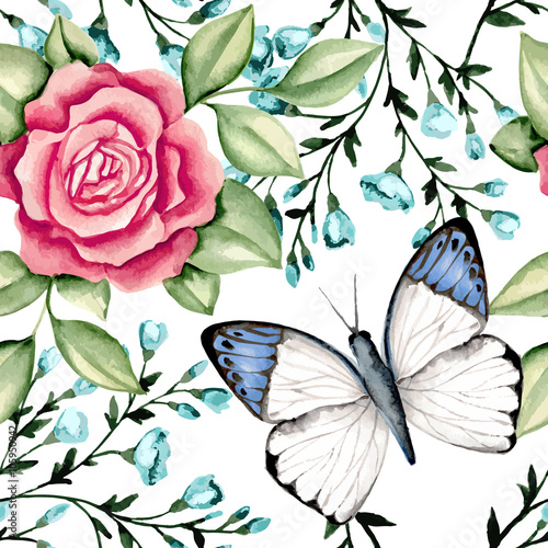 Rose and butterfly pattern. Watercolor hand drawn. Vector illustration