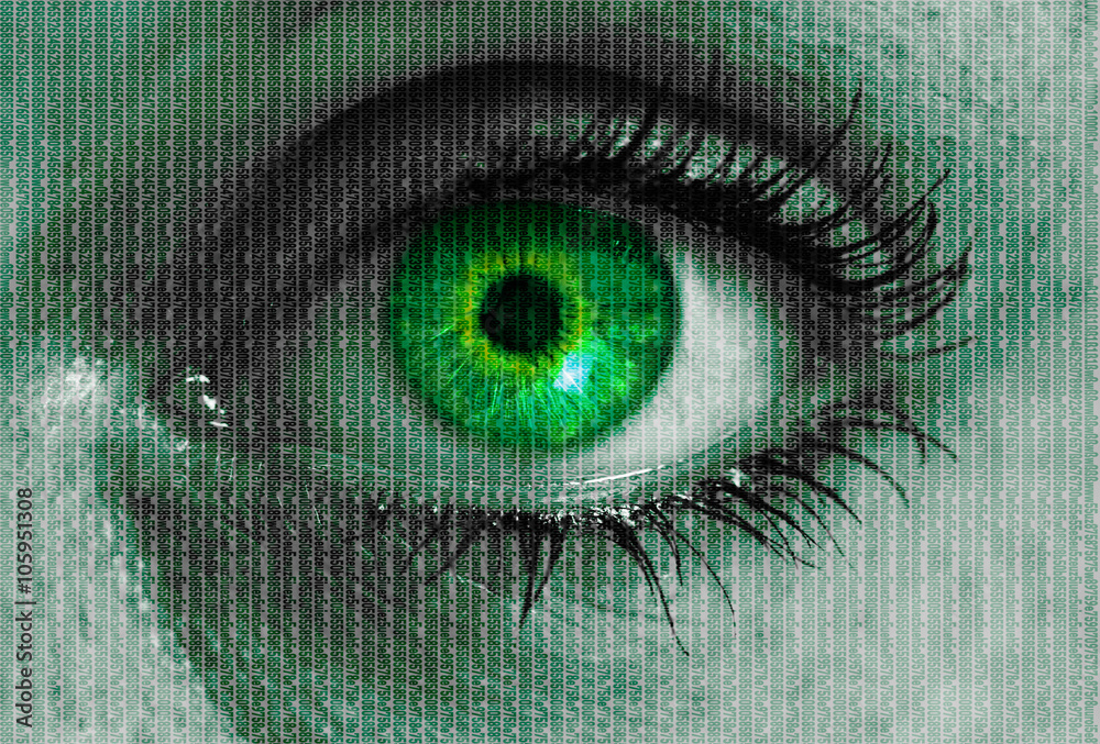 futuristic eye with matrix texture looking at viewer concept