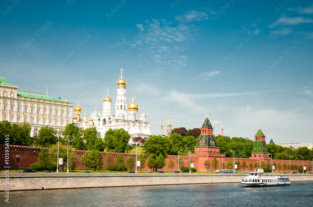 Moscow Kremlin and embankment along Moskva River in sunny summer