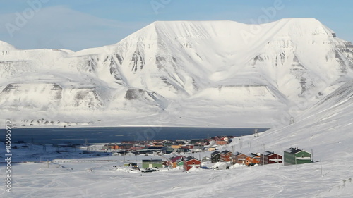 Longyearbyen, Svalbard. Norway. The small town is surrounded by mountains. A Sunny day in March. Timelapse.