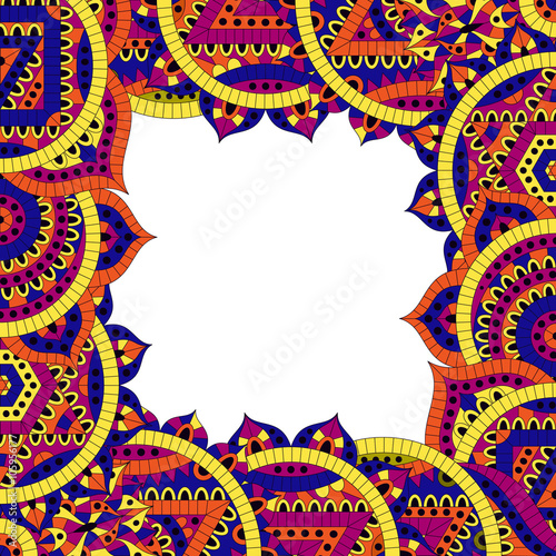 Pattern with seven chakras and text place. Oriental ornaments for banners, cards and or for your design. Buddhism decorative elements. Yellow, orange and blue colors. Vector illustration.