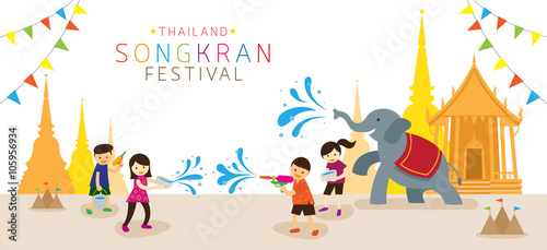 Songkran Festival, Kids Playing Water in Temple, Thailand Traditional New Year's Day