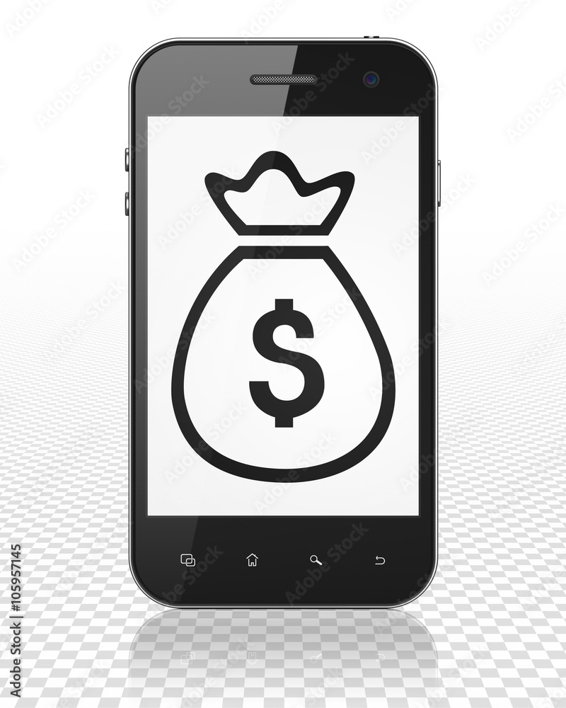 Money concept: Smartphone with Money Bag on display Money concept: Smartphone with Money Bag on display