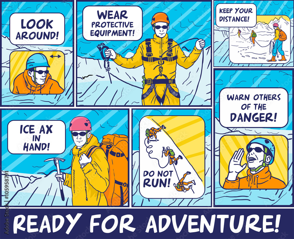 mountaineer in different situations comics safety advice