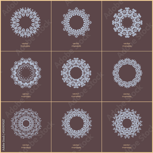 Set of nine blue color oriental flower mandala on dark background. Stylish geometric pattern. Ethnic vintage pattern. Indian, asian, arabic, islamic, ottoman motif. Vector illustration.