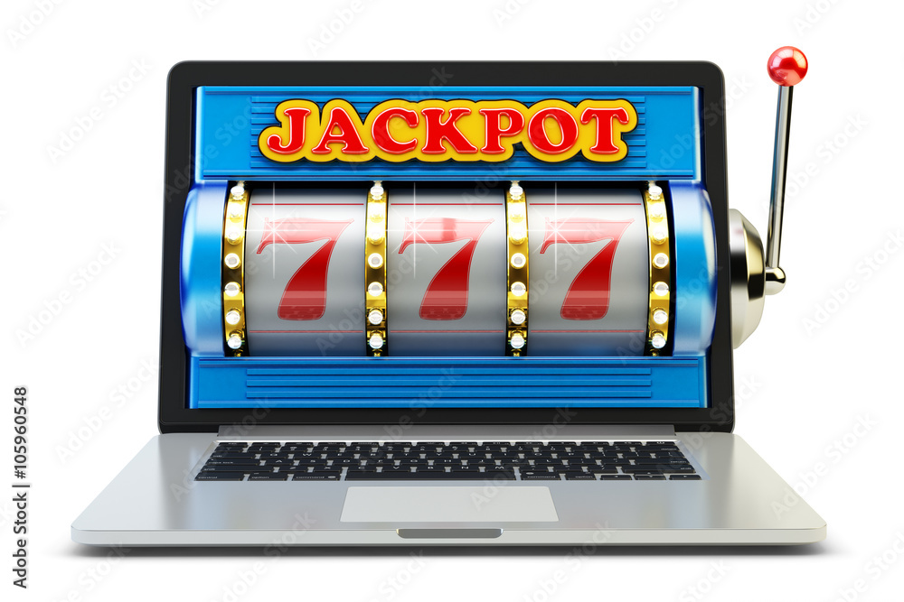 Jackpot, gambling gain, luck and success concept, casino app, laptop computer with slot machine with winning event isolated on white Jackpot, gambling gain, luck and success concept, casino app, laptop computer with slot machine with winning event isolated on white