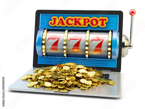 Jackpot, gambling gain, luck and success concept, casino app, laptop computer with slot machine with winning event and heap of gold coins on keyboard isolated on white