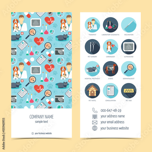 Flyer, brochure for vet clinic. Pet care. Set of promotional products. Flat design. Vector