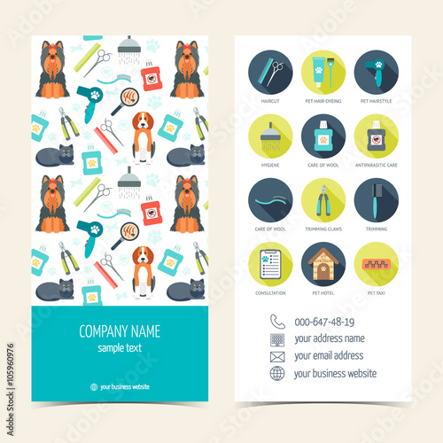 Flyer, brochure for pet grooming. Pet care. Set of promotional products. Flat design. Vector