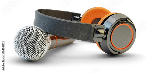 Music studio audio recording and live stream broadcasting concept, dj equipment, microphone and headphones isolated on white background