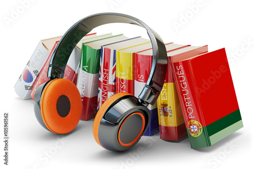Foreign languages learning and translate, communication and education concept, audio books with covers in colors of national flags of world countries and modern headphones isolated on white