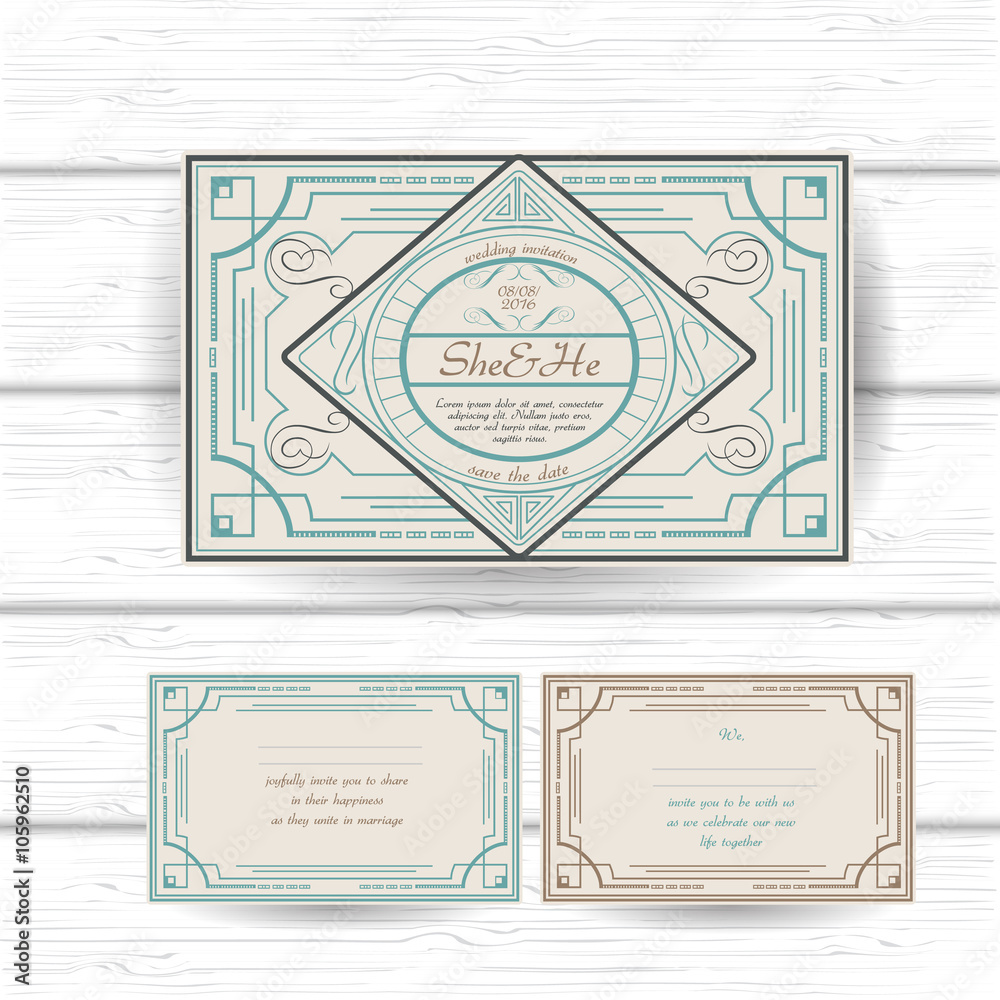 set of vintage ornament greeting, gift card or wedding invitation template 