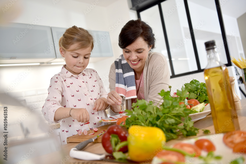Mom and daughter cooking together in modern kitchen Mom and daughter cooking together in modern kitchen