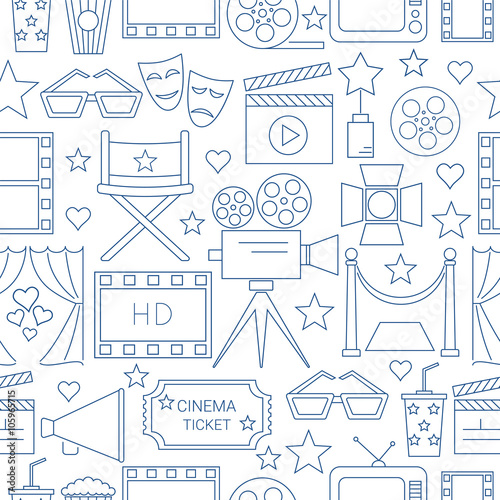 Movie Vector Seamless Pattern Background with cinema line icons.