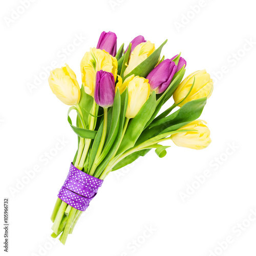 Fototapeta Naklejka Na Ścianę i Meble -  Bouquet of yellow and pink tulips decorated with ribbon, isolated over white background