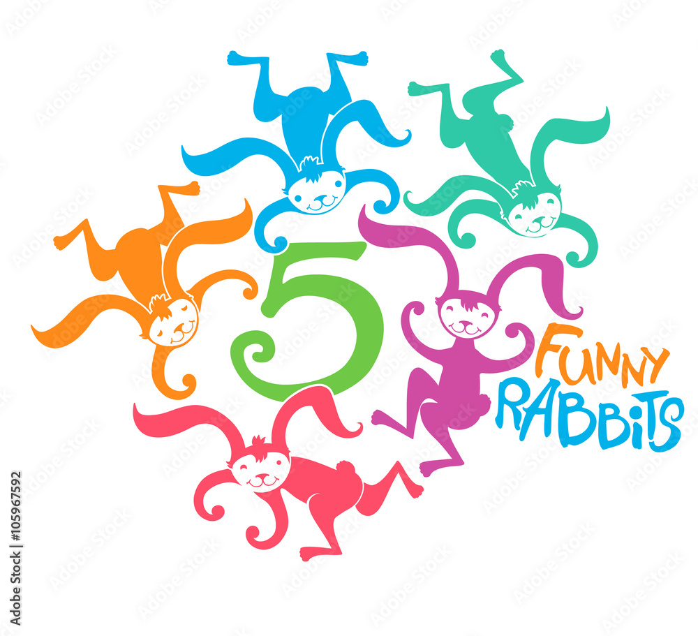 Five funny bunnies. Silhouette bright multicolored rabbits on the move.