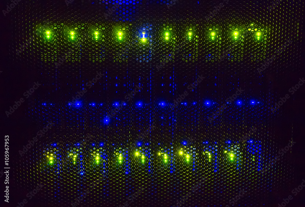 light indicators on the mainframe data center in the dark