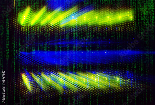 matrix code light indicators on the mainframe data center in the dark with matrix code