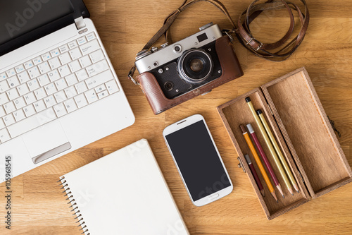 Mock up of photographer desk with laptop and phone