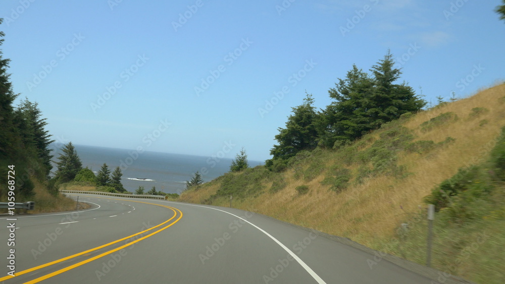 Driving on Oregon Coast Highway 101 in southern Oregon, approaching Myers Beach. Driving on Oregon Coast Highway 101 in southern Oregon, approaching Myers Beach.