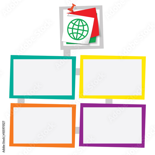 Four colored frames for your text with pushpin and globe icon