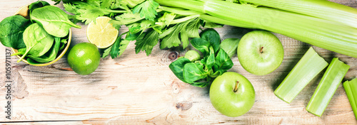 Fresh green vegetables and fruits. Detox and diet concept