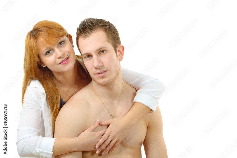 cheerful young couple in love, on white cheerful young couple in love, on white