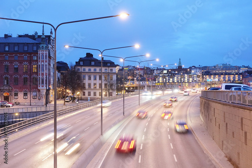 Stockholm, Sweden - March, 16, 2016: night traffic in a center of Stockholm, Sweden