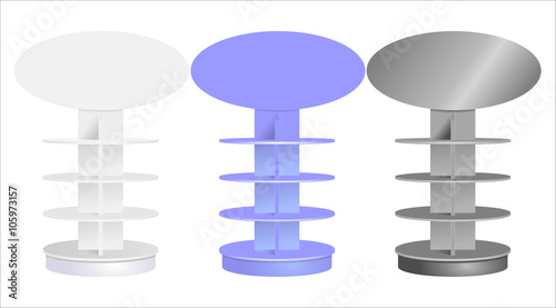 Round POS POI Cardboard Floor Display Rack For Supermarket Blank Empty Displays With Shelves. In different colors and Isolated. Product Packing. Illustrated vector