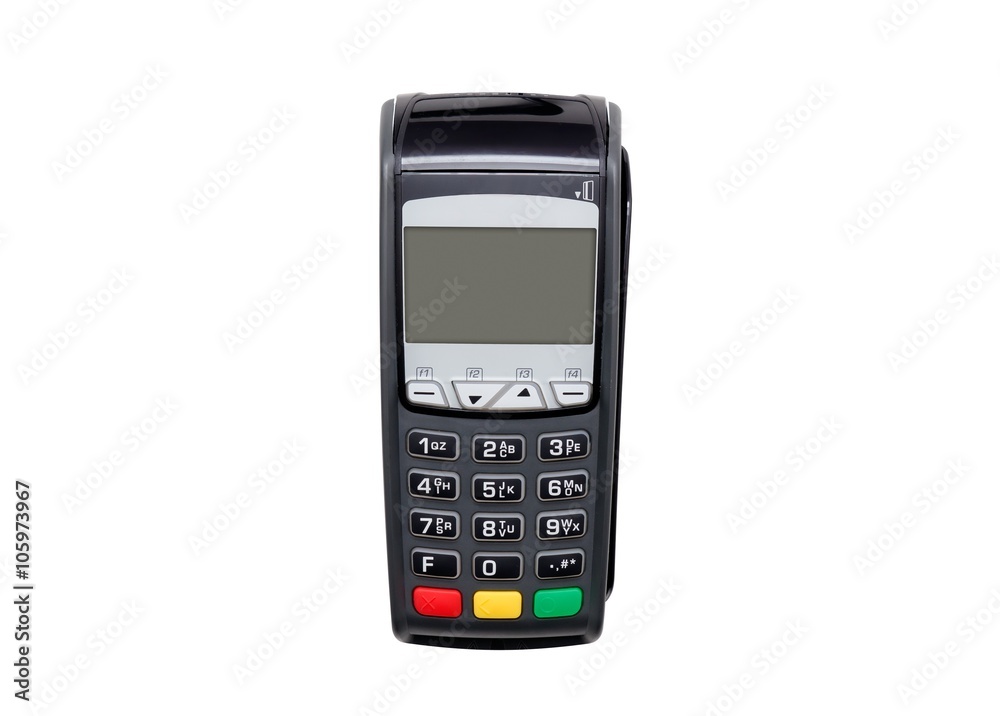 Payment terminal isolated on white. Front panel texture for obje - obrazy, fototapety, plakaty 