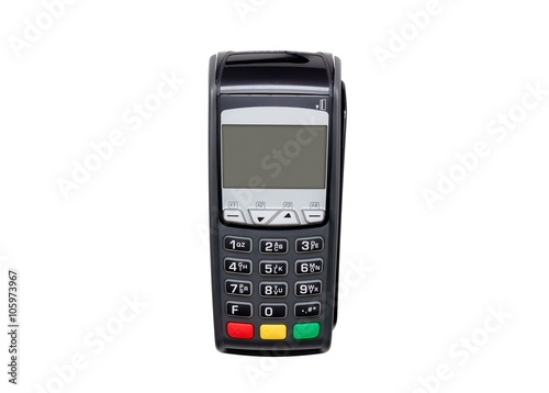 Payment terminal isolated on white. Front panel texture for obje photo