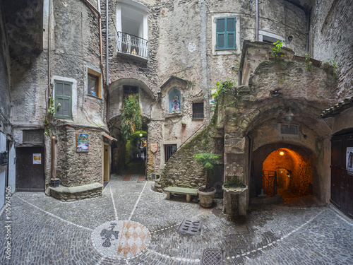 Medieval street view of Dolceacqua in the Italian region Liguria.