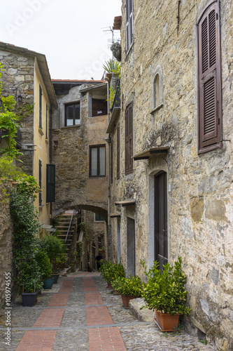 Medieval street view of Dolceacqua in the Italian region Liguria.