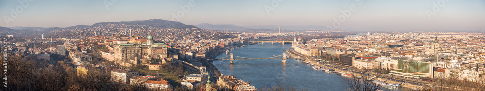 Wide Panoramic View of Budapest and the Danube River as Seen from Gellert Hill Lookout Point