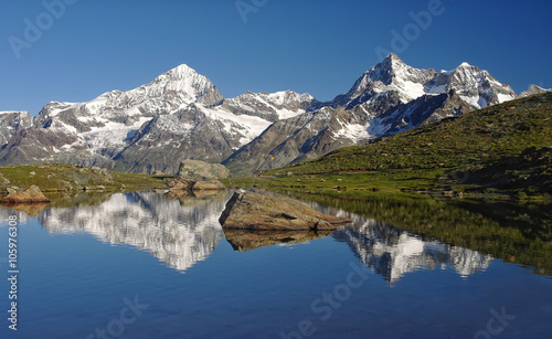 Alpine lake with reflection of mountains in water