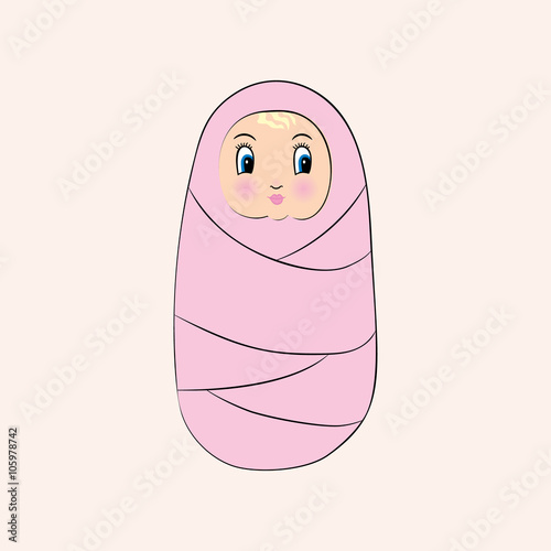 Cute little baby in swaddling clothes. Cartoon style newborn child.